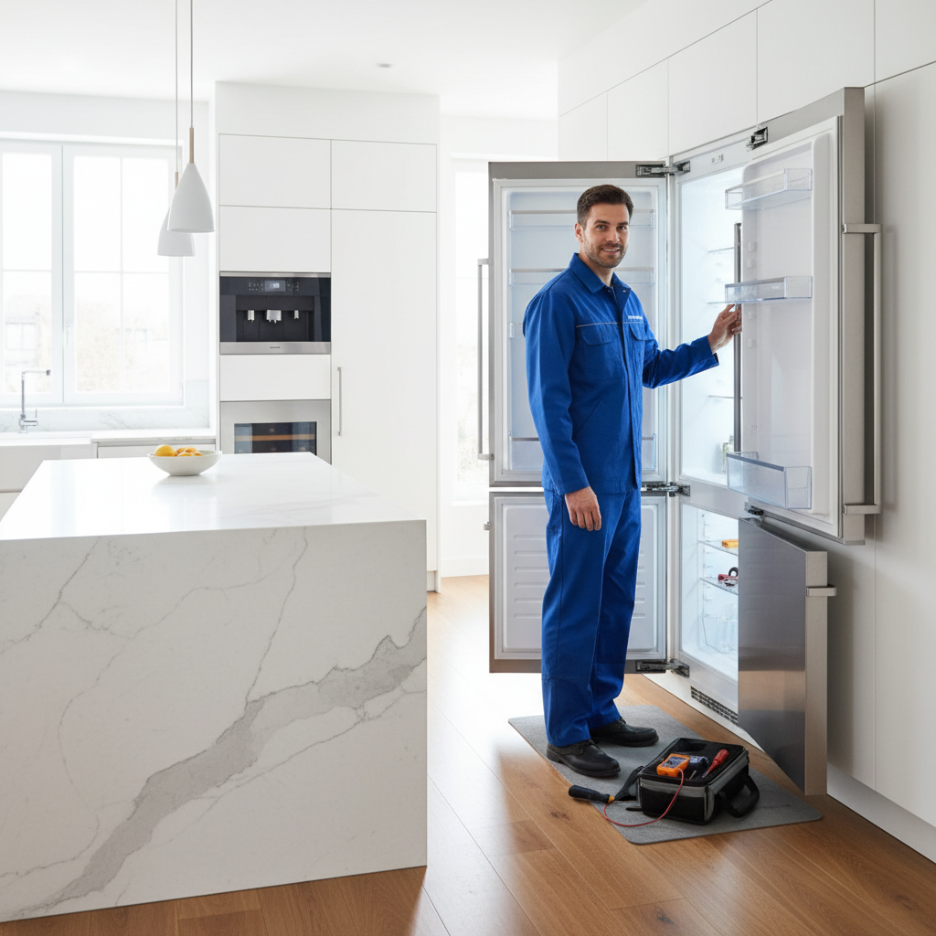 Professional technician inspecting a built-in refrigerator